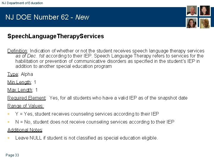 NJ Department of Education NJ DOE Number 62 - New Speech. Language. Therapy. Services