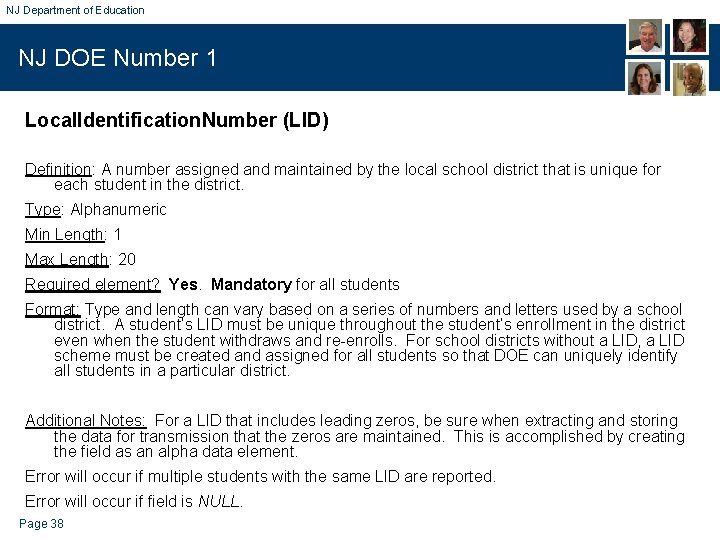 NJ Department of Education NJ DOE Number 1 Local. Identification. Number (LID) Definition: A