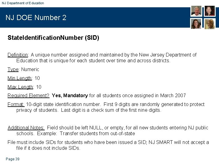 NJ Department of Education NJ DOE Number 2 State. Identification. Number (SID) Definition: A