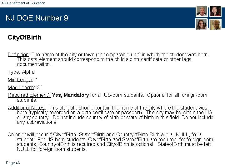 NJ Department of Education NJ DOE Number 9 City. Of. Birth Definition: The name