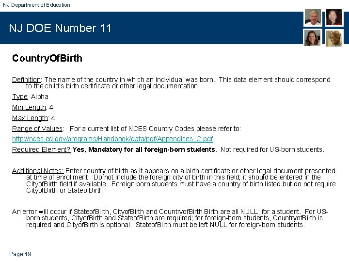 NJ Department of Education NJ DOE Number 11 Country. Of. Birth Definition: The name