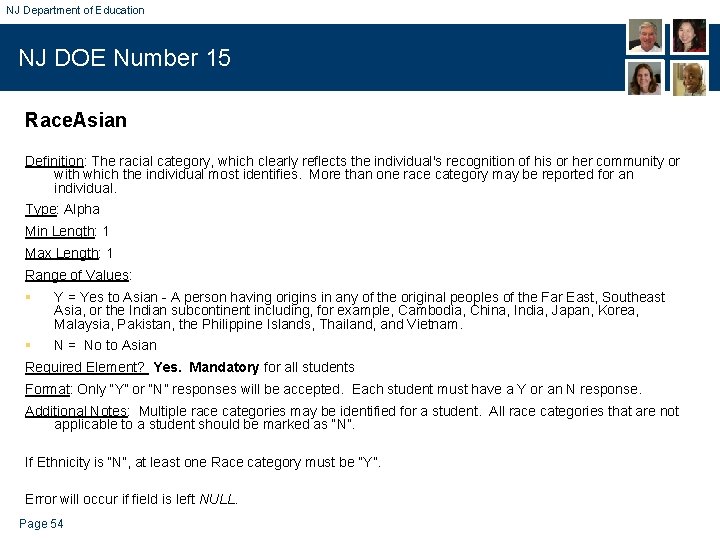 NJ Department of Education NJ DOE Number 15 Race. Asian Definition: The racial category,