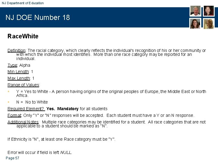 NJ Department of Education NJ DOE Number 18 Race. White Definition: The racial category,