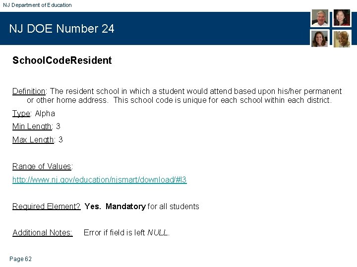 NJ Department of Education NJ DOE Number 24 School. Code. Resident Definition: The resident