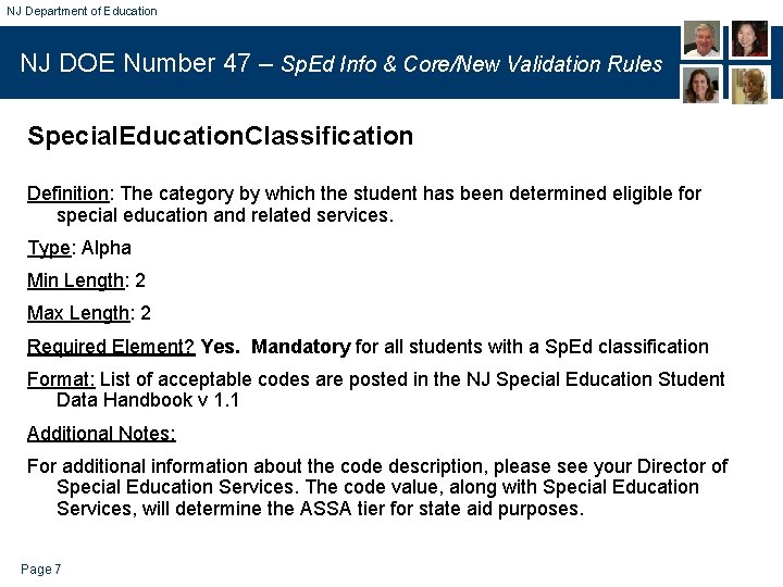 NJ Department of Education NJ DOE Number 47 – Sp. Ed Info & Core/New