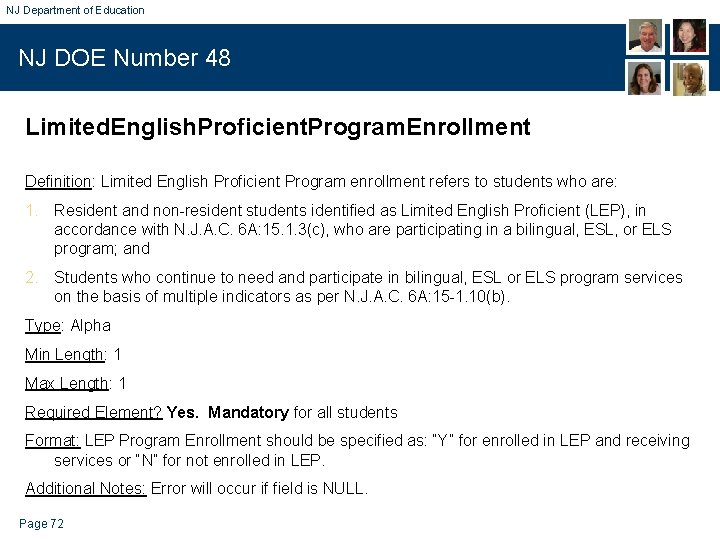 NJ Department of Education NJ DOE Number 48 Limited. English. Proficient. Program. Enrollment Definition: