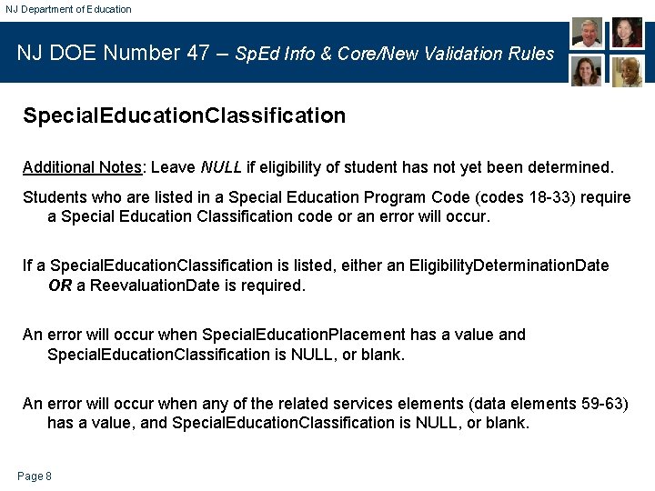 NJ Department of Education NJ DOE Number 47 – Sp. Ed Info & Core/New