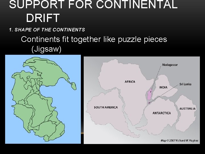 SUPPORT FOR CONTINENTAL DRIFT 1. SHAPE OF THE CONTINENTS Continents fit together like puzzle