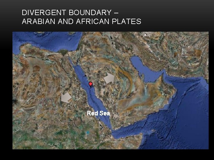 DIVERGENT BOUNDARY – ARABIAN AND AFRICAN PLATES Arabian Plate Red Sea African Plate 