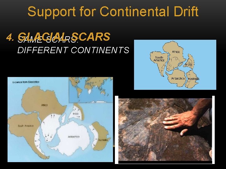 Support for Continental Drift 4. GLACIAL SCARS SAME SCARS: DIFFERENT CONTINENTS 