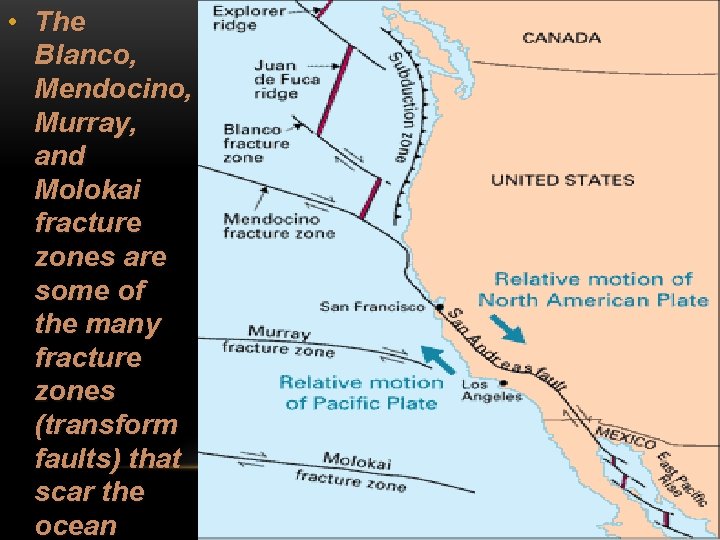  • The Blanco, Mendocino, Murray, and Molokai fracture zones are some of the