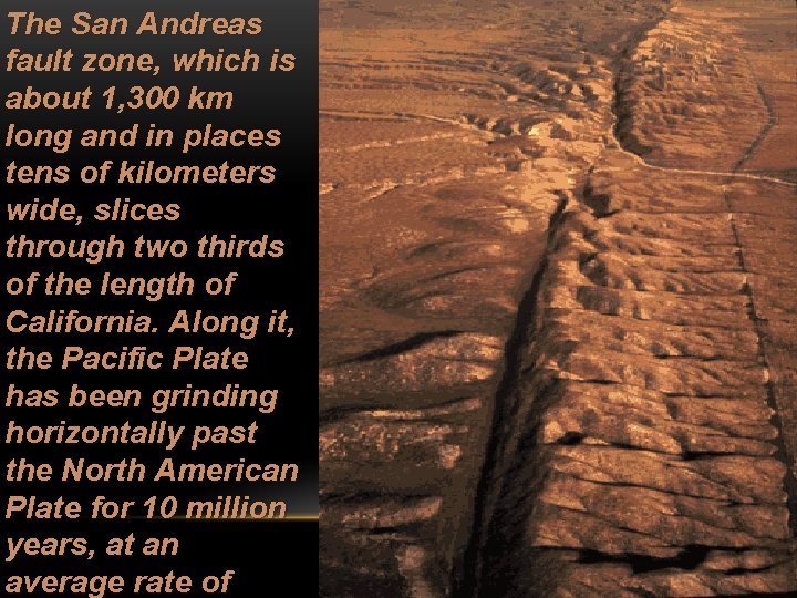The San Andreas fault zone, which is about 1, 300 km long and in