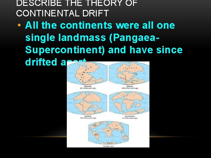 DESCRIBE THEORY OF CONTINENTAL DRIFT • All the continents were all one single landmass