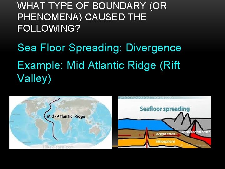 WHAT TYPE OF BOUNDARY (OR PHENOMENA) CAUSED THE FOLLOWING? Sea Floor Spreading: Divergence Example: