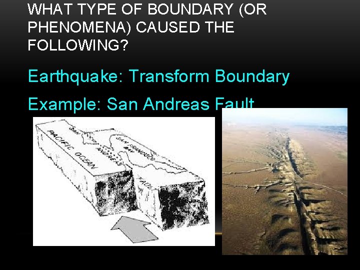 WHAT TYPE OF BOUNDARY (OR PHENOMENA) CAUSED THE FOLLOWING? Earthquake: Transform Boundary Example: San