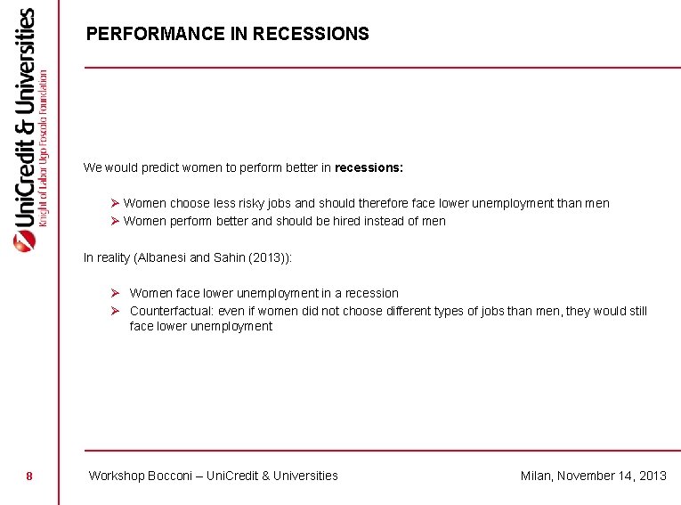 PERFORMANCE IN RECESSIONS We would predict women to perform better in recessions: Ø Women