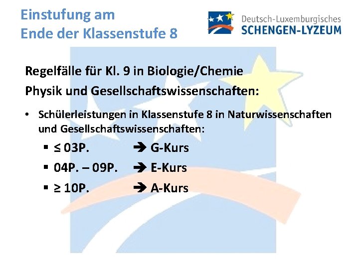 Einstufung am Ende der Klassenstufe 8 Regelfälle für Kl. 9 in Biologie/Chemie Physik und