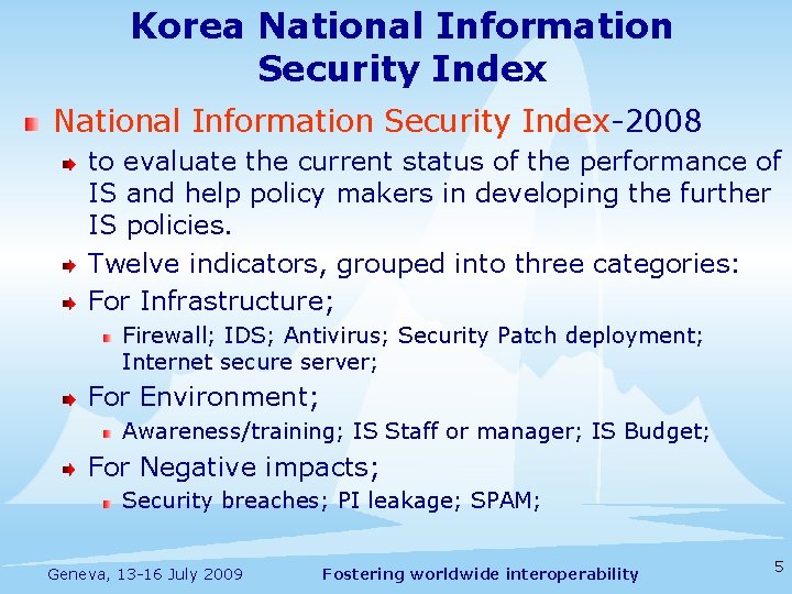 Korea National Information Security Index-2008 to evaluate the current status of the performance of