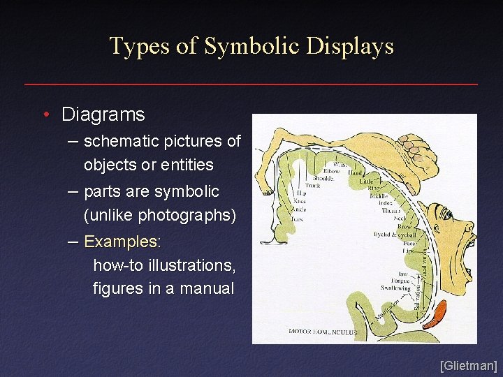 Types of Symbolic Displays • Diagrams – schematic pictures of objects or entities –