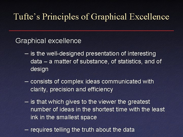 Tufte’s Principles of Graphical Excellence Graphical excellence – is the well-designed presentation of interesting