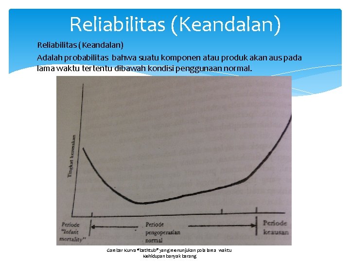 Reliabilitas (Keandalan) Adalah probabilitas bahwa suatu komponen atau produk akan aus pada lama waktu