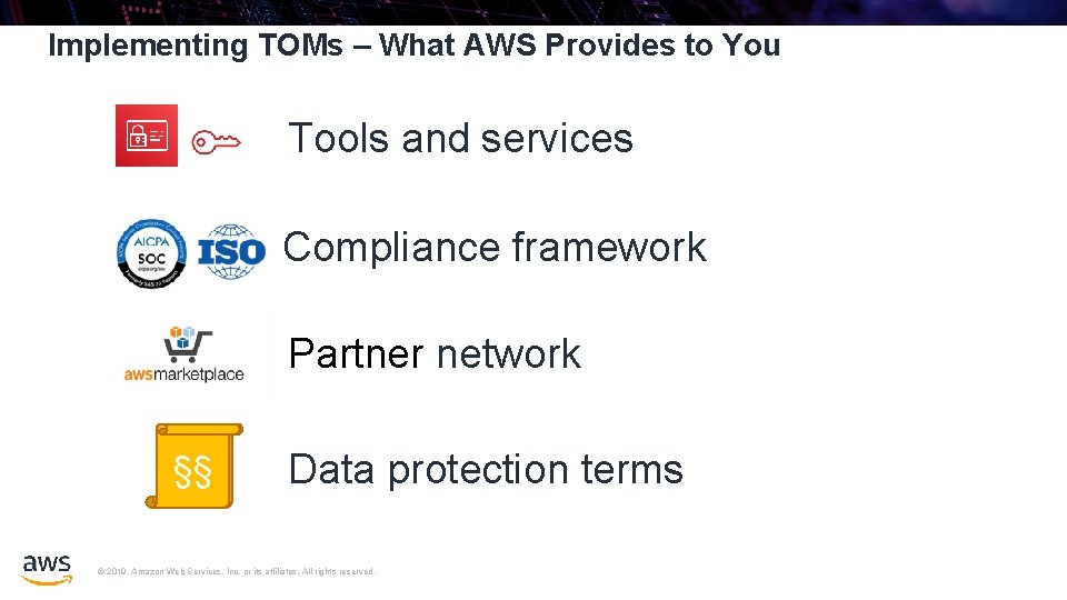 Implementing TOMs – What AWS Provides to You Tools and services Compliance framework Partner