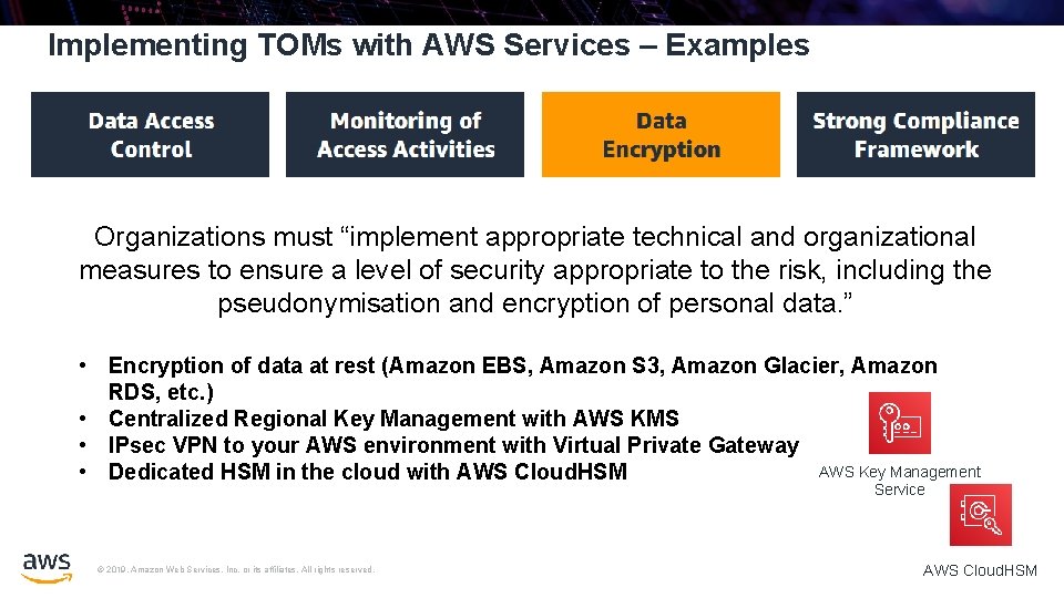 Implementing TOMs with AWS Services – Examples Organizations must “implement appropriate technical and organizational