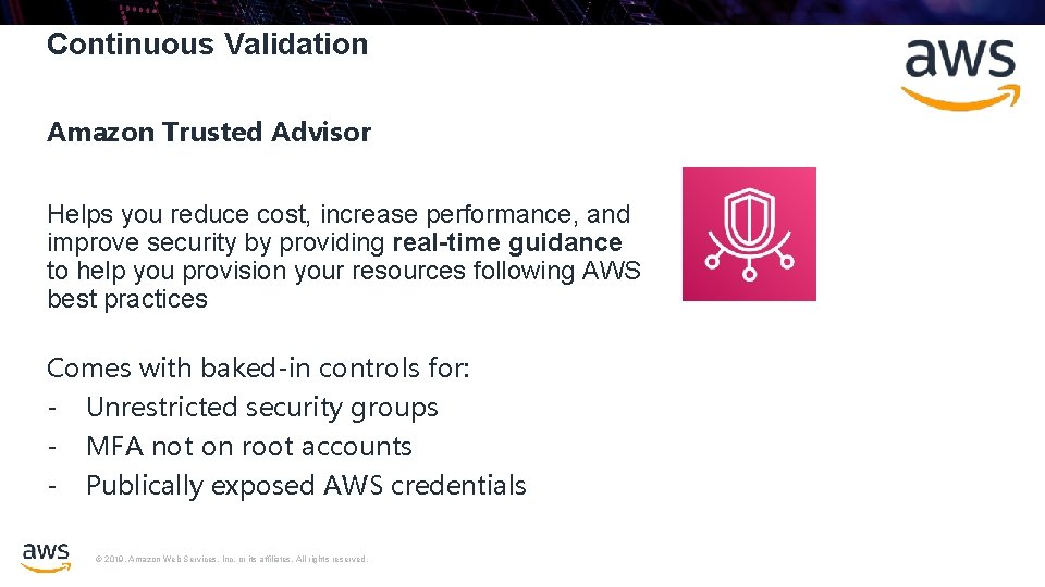 Continuous Validation Amazon Trusted Advisor Helps you reduce cost, increase performance, and improve security