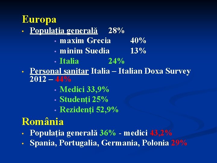 Europa • • Populaţia generală 28% • maxim Grecia 40% • minim Suedia 13%