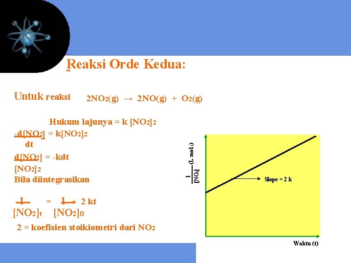 Reaksi Orde Kedua: 2 NO 2(g) → 2 NO(g) + O 2(g) Hukum lajunya