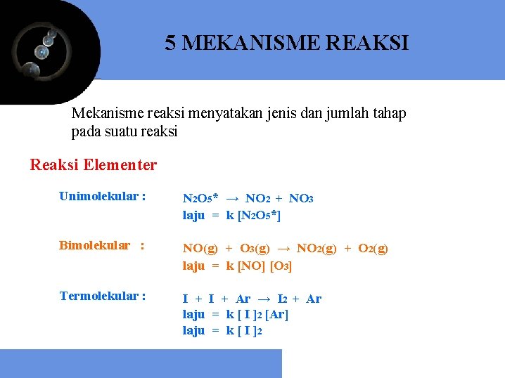 5 MEKANISME REAKSI Mekanisme reaksi menyatakan jenis dan jumlah tahap pada suatu reaksi Reaksi