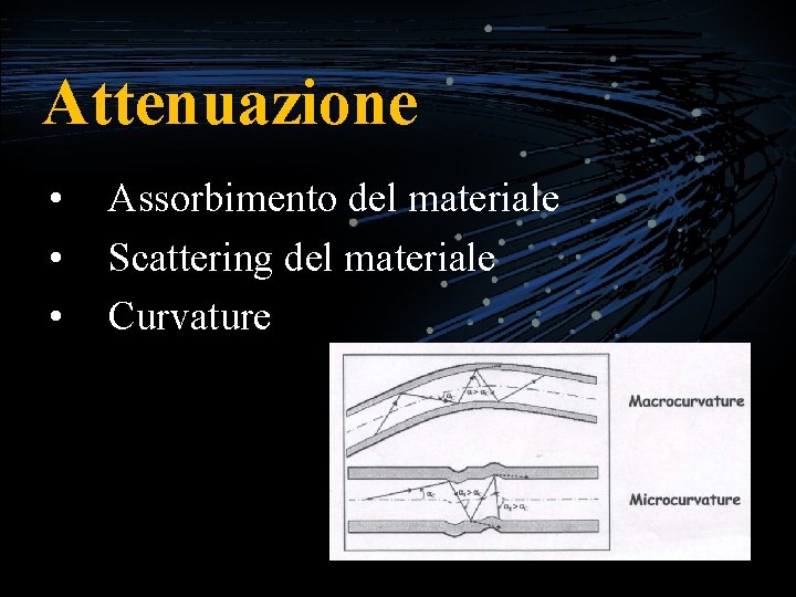 Attenuazione • • • Assorbimento del materiale Scattering del materiale Curvature 