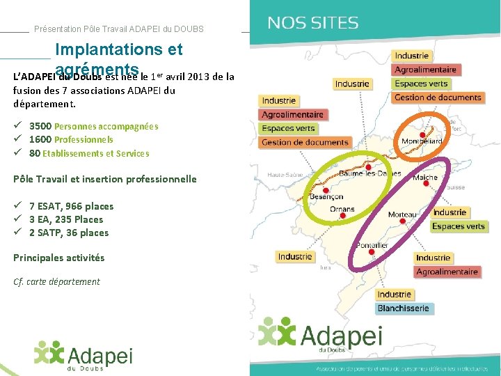 Présentation Pôle Travail ADAPEI du DOUBS Implantations et L’ADAPEIagréments du Doubs est née le