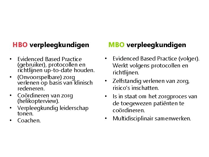 HBO verpleegkundigen • Evidenced Based Practice (gebruiker), protocollen en richtlijnen up-to-date houden. • (Onvoorspelbare)