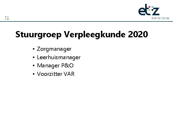 Stuurgroep Verpleegkunde 2020 • • Zorgmanager Leerhuismanager Manager P&O Voorzitter VAR 