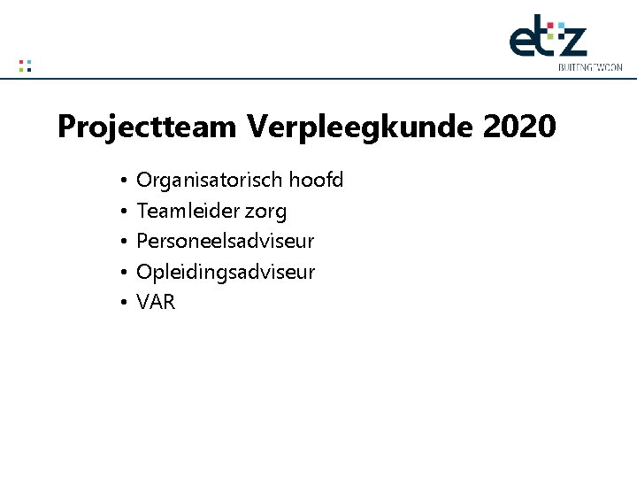 Projectteam Verpleegkunde 2020 • • • Organisatorisch hoofd Teamleider zorg Personeelsadviseur Opleidingsadviseur VAR 