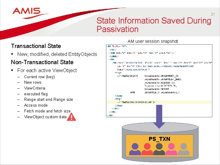 21 State Information Saved During Passivation Transactional State • New, modified, deleted Entity. Objects