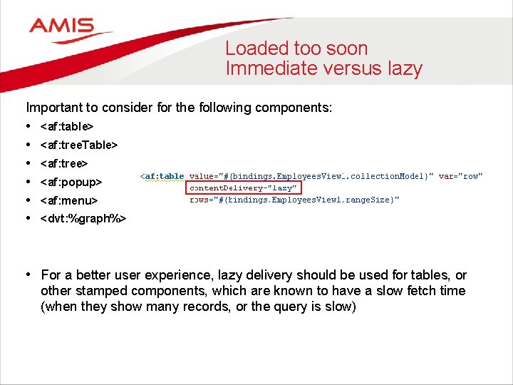 Loaded too soon Immediate versus lazy Important to consider for the following components: •