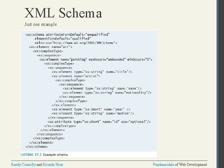 XML Schema Just one example Randy Connolly and Ricardo Hoar Fundamentals of Web Development