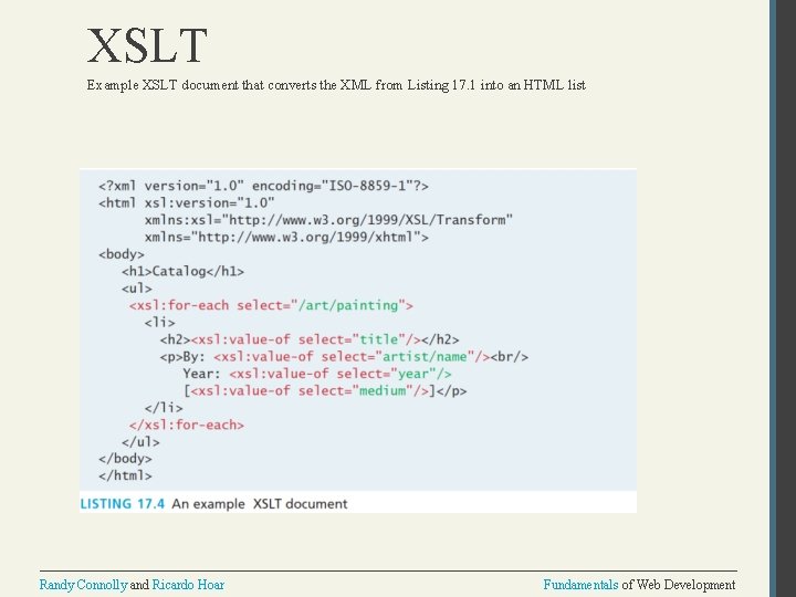 XSLT Example XSLT document that converts the XML from Listing 17. 1 into an