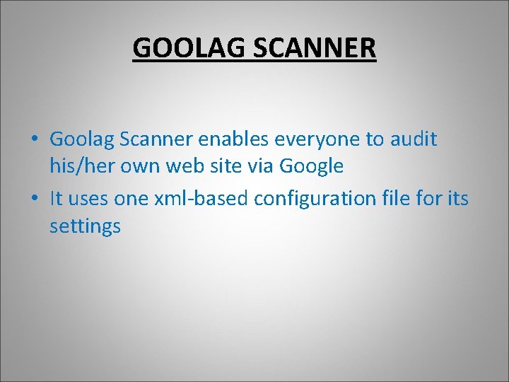 GOOLAG SCANNER • Goolag Scanner enables everyone to audit his/her own web site via