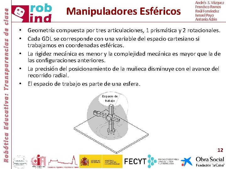 Robótica Educativa: Transparencias de clase Manipuladores Esféricos Andrés S. Vázquez Francisco Ramos Raúl Fernández