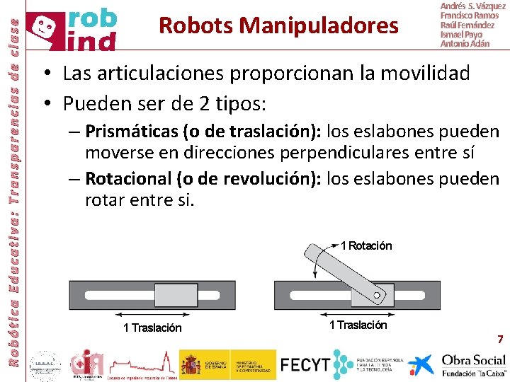 Robótica Educativa: Transparencias de clase Robots Manipuladores Andrés S. Vázquez Francisco Ramos Raúl Fernández