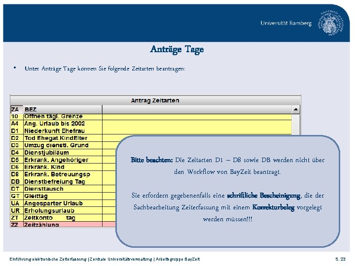 Anträge Tage • Unter Anträge Tage können Sie folgende Zeitarten beantragen: Bitte beachten: Die