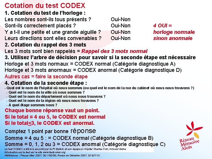 Cotation du test CODEX 1. Cotation du test de l’horloge : Les nombres sont-ils