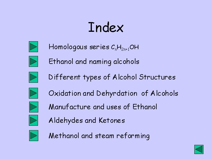 Index Homologous series Cn. H 2 n+1 OH Ethanol and naming alcohols Different types