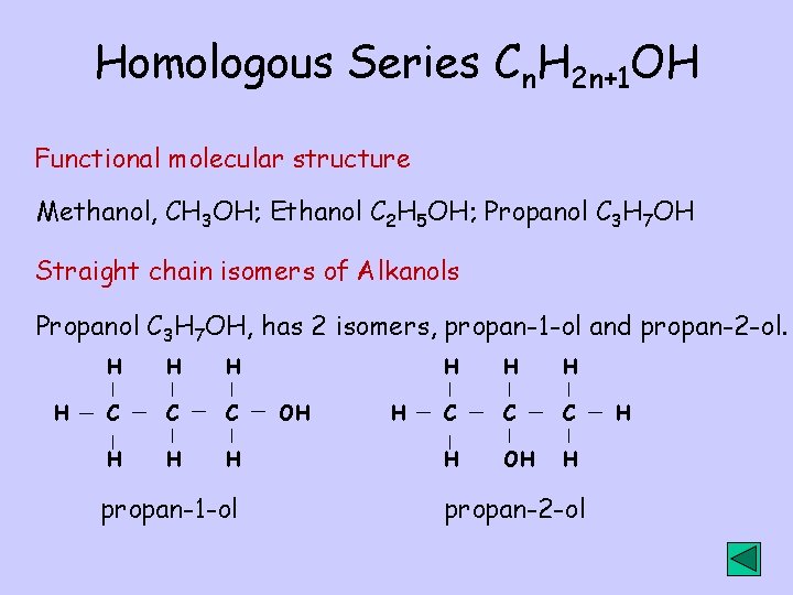 Homologous Series Cn. H 2 n+1 OH Functional molecular structure Methanol, CH 3 OH;