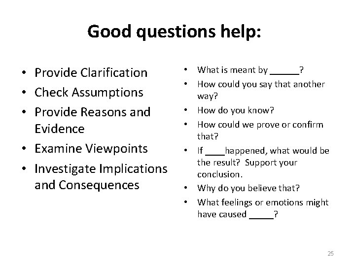 Good questions help: • Provide Clarification • Check Assumptions • Provide Reasons and Evidence