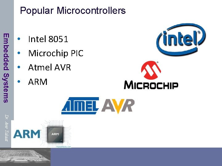 Popular Microcontrollers Embedded Systems • • Intel 8051 Microchip PIC Atmel AVR ARM Dr.