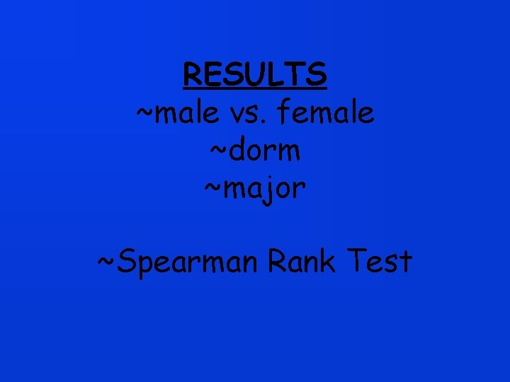 RESULTS ~male vs. female ~dorm ~major ~Spearman Rank Test 
